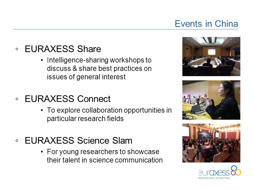 Events in China ◦EURAXESS Share Intelligence-sharing workshops to discuss & share best practices on issues of general interest ◦EURAXESS Connect To explore collaboration opportunities in particular research fields ◦EURAXESS Science Slam For young researchers to showcase their talent in science communication