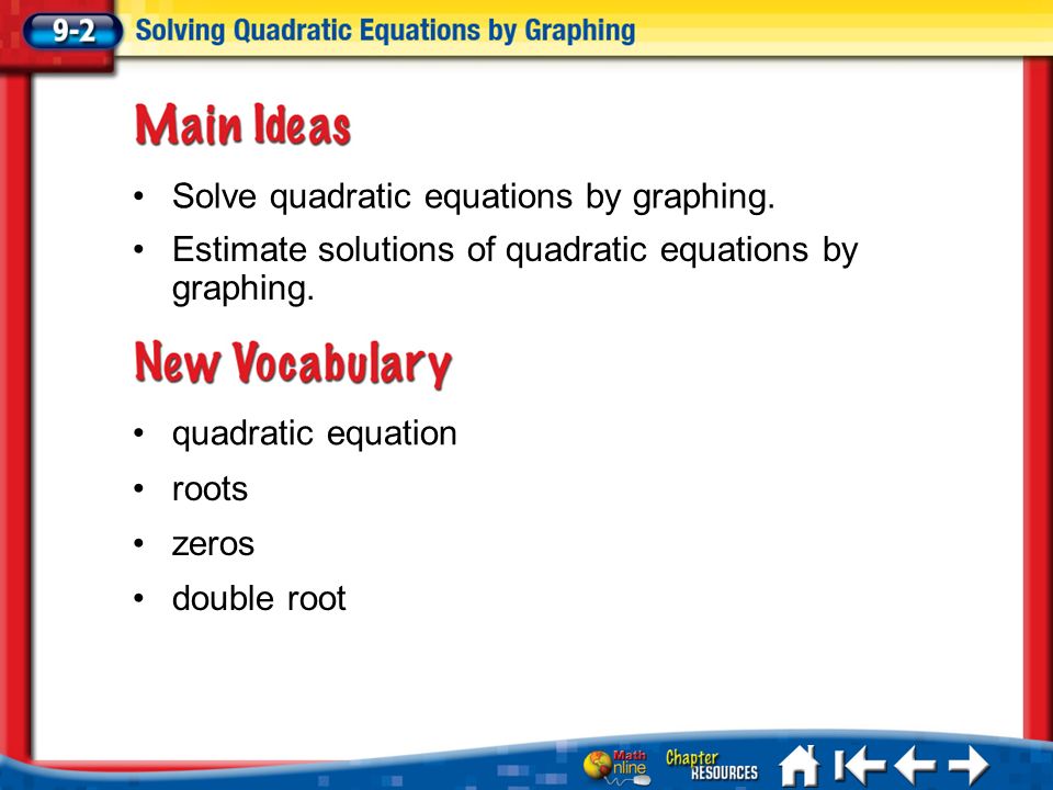 Lesson 2 Menu Five Minute Check Over 9 1 Main Ideas And 2 Lesson Mi Vocab Quadratic Equation