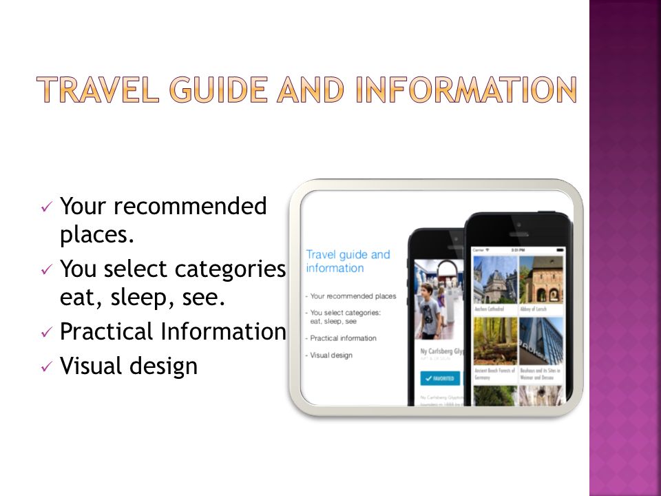 Your recommended places. You select categories eat, sleep, see. Practical Information Visual design