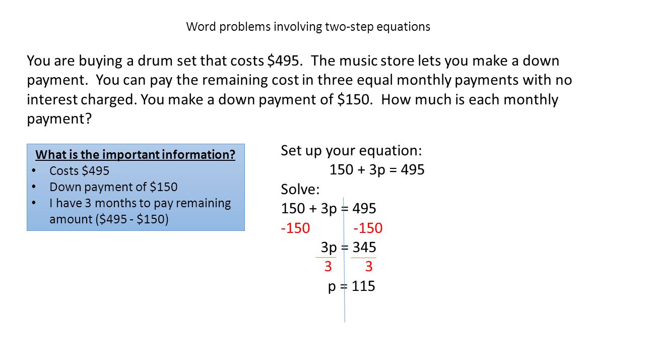Ch 3 1 Continued Solving An Equation With Negative Coefficients 8 Word Problems Involving Two Step Equations
