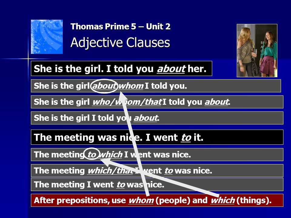Thomas Prime 5 – Unit 2 Adjective Clauses She is the girl.