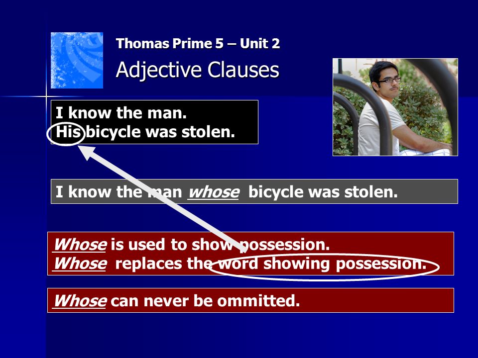 Thomas Prime 5 – Unit 2 Adjective Clauses Whose is used to show possession.