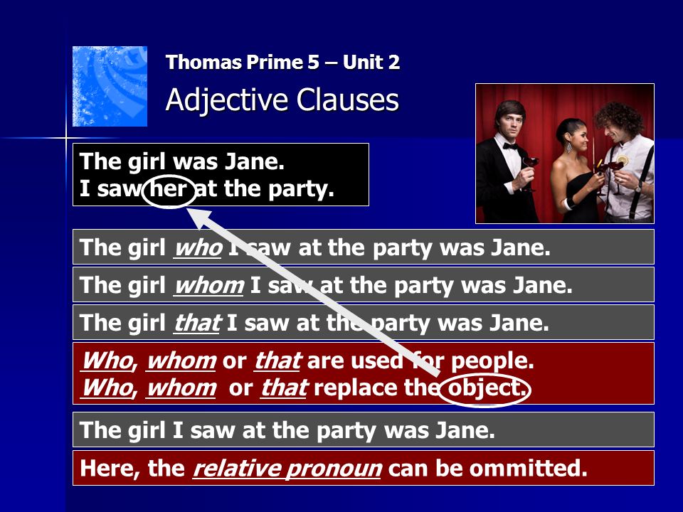 Thomas Prime 5 – Unit 2 Adjective Clauses Who, whom or that are used for people.