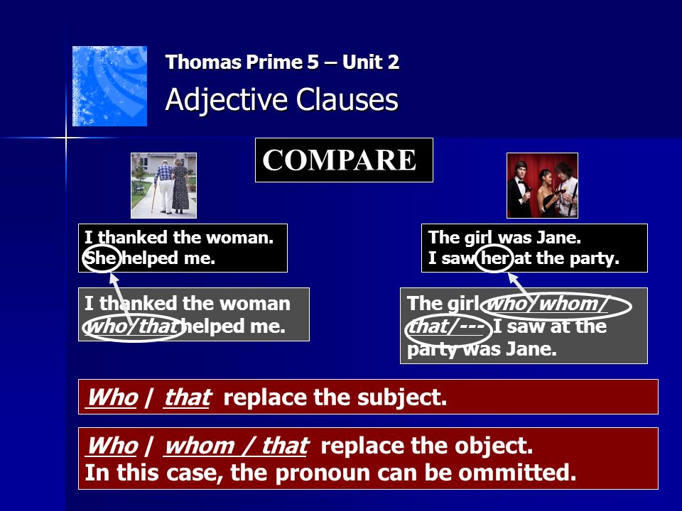 Thomas Prime 5 – Unit 2 Adjective Clauses COMPARE I thanked the woman.