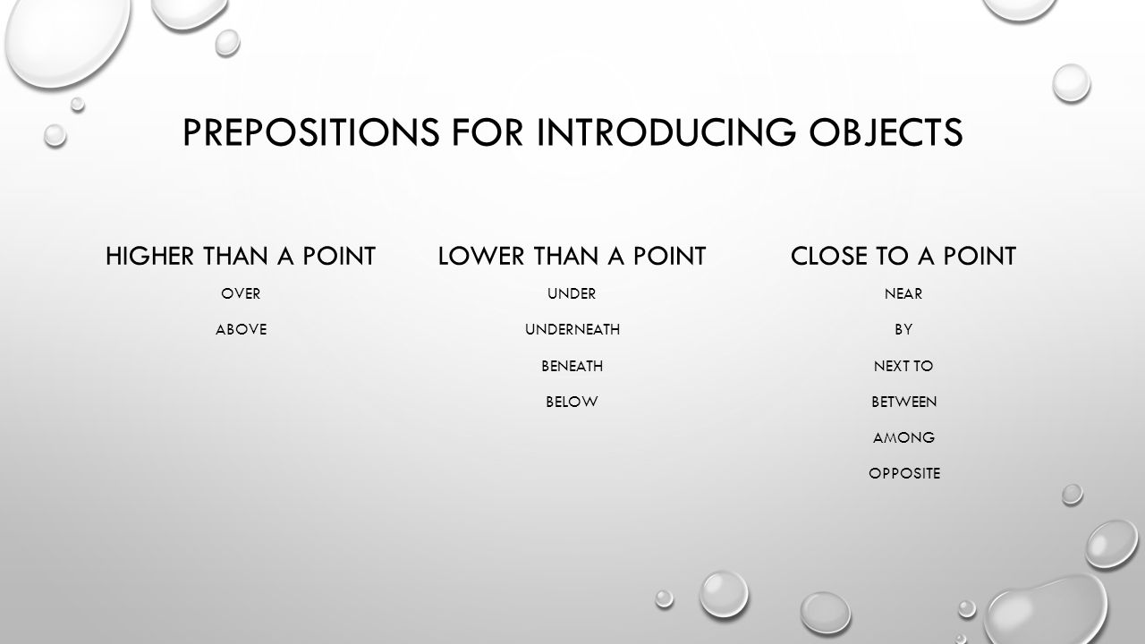 PREPOSITIONS FOR INTRODUCING OBJECTS HIGHER THAN A POINT OVER ABOVE LOWER THAN A POINT UNDER UNDERNEATH BENEATH BELOW CLOSE TO A POINT NEAR BY NEXT TO BETWEEN AMONG OPPOSITE