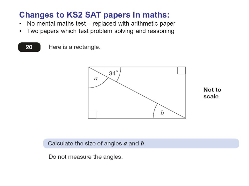 Changes to KS2 SAT papers in maths: No mental maths test – replaced with arithmetic paper Two papers which test problem solving and reasoning