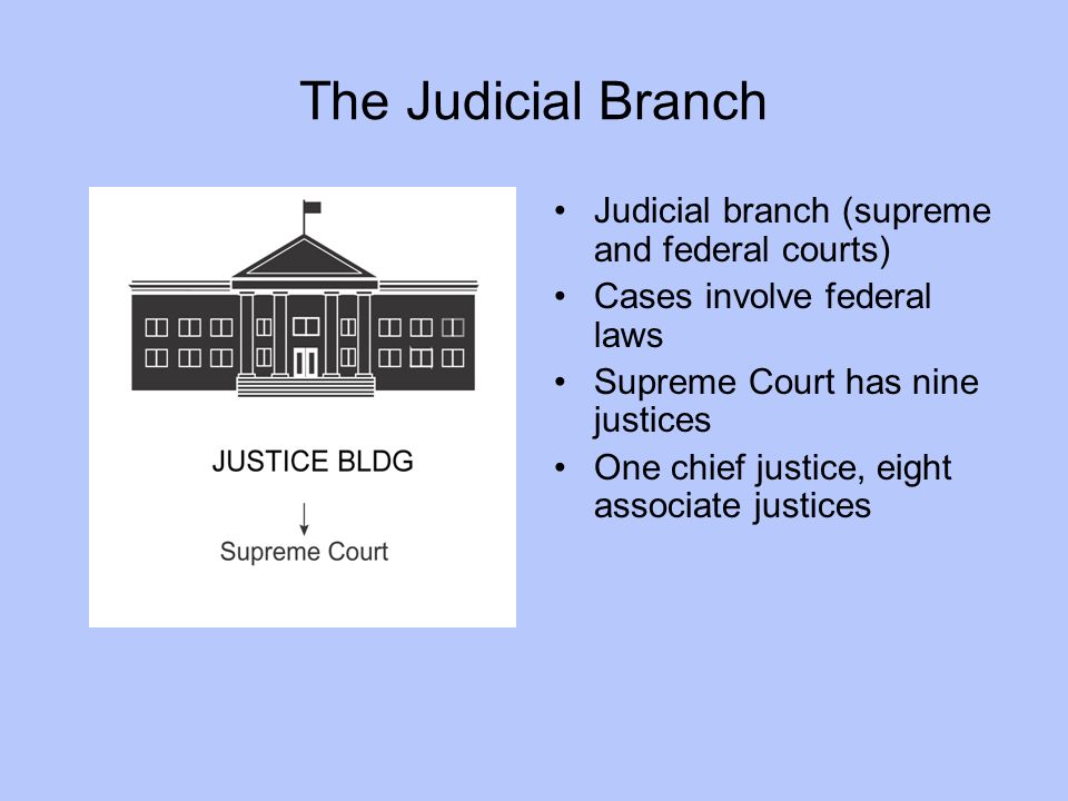 The Judicial Branch Judicial branch (supreme and federal courts) Cases involve federal laws Supreme Court has nine justices One chief justice, eight associate justices