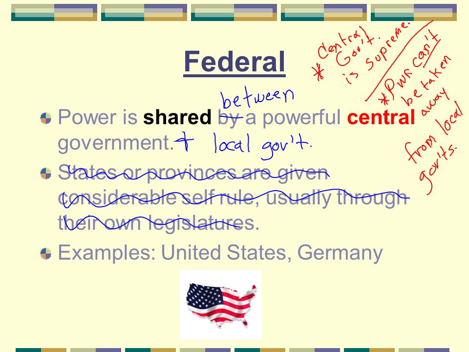 Federal Power is shared by a powerful central government.