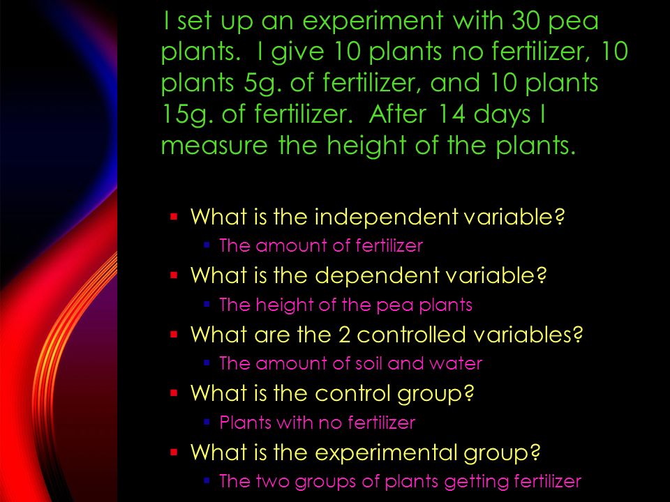 Controlled Experiments- variables  Three types of variables:  Independent- the thing that is different between the experimental and control group  Dependent- the data you collect as your experiment progresses, depends on the independent variable  Controlled- remains the same