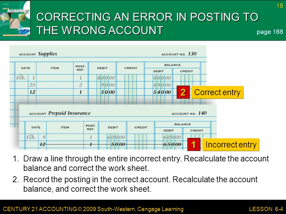 CENTURY 21 ACCOUNTING © 2009 South-Western, Cengage Learning 18 LESSON 6-4 CORRECTING AN ERROR IN POSTING TO THE WRONG ACCOUNT page Draw a line through the entire incorrect entry.