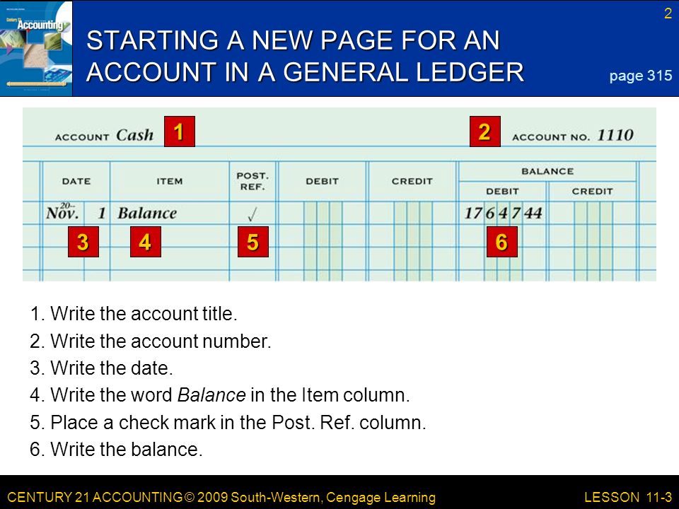 CENTURY 21 ACCOUNTING © 2009 South-Western, Cengage Learning 2 LESSON 11-3 STARTING A NEW PAGE FOR AN ACCOUNT IN A GENERAL LEDGER page