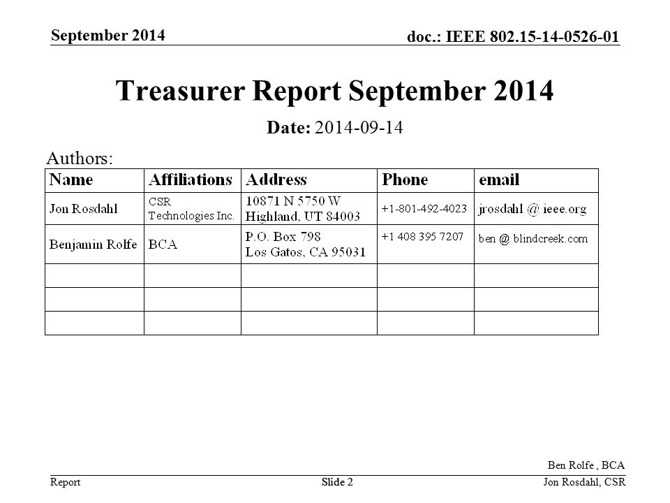 Report doc.: IEEE September 2014 Slide 2Jon Rosdahl, CSRSlide 2 Treasurer Report September 2014 Date: Authors: Ben Rolfe, BCA