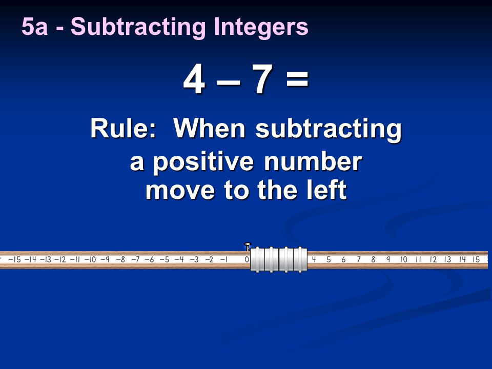 Rule: When subtracting a positive number 4 – 7 = move to the left 5a - Subtracting Integers