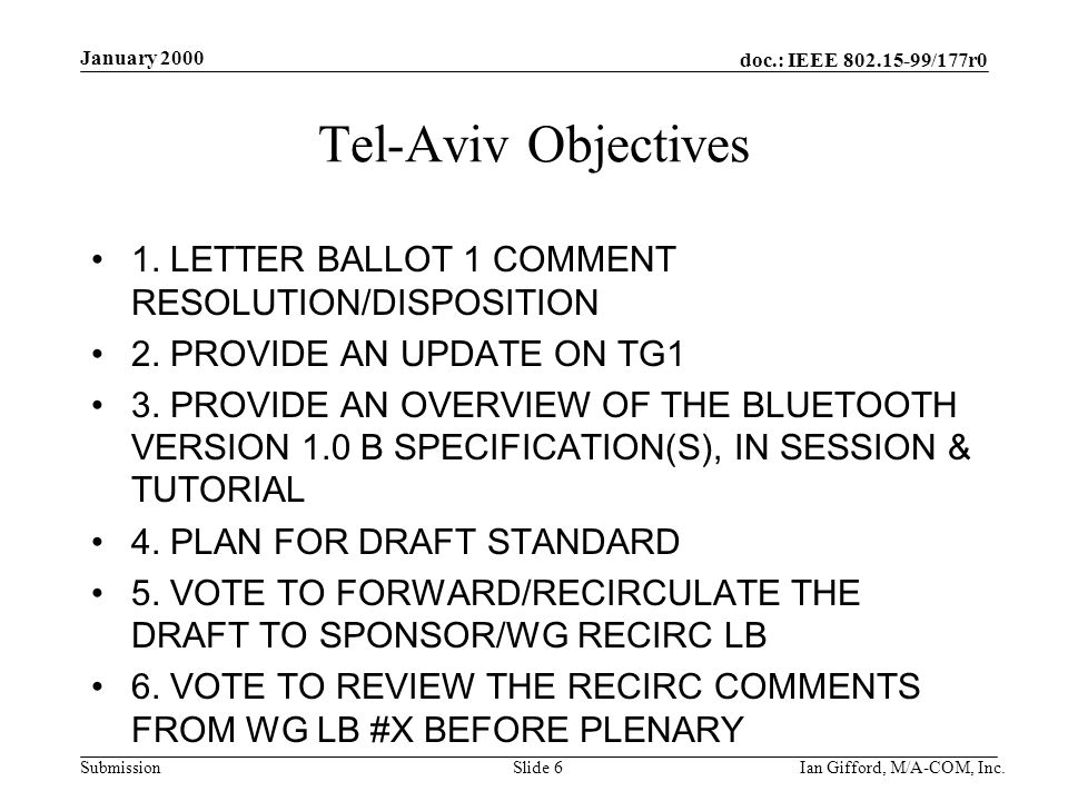 doc.: IEEE /177r0 Submission January 2000 Ian Gifford, M/A-COM, Inc.Slide 6 Tel-Aviv Objectives 1.