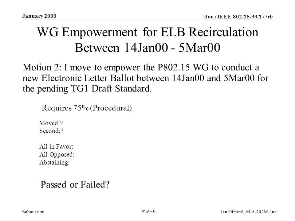 doc.: IEEE /177r0 Submission January 2000 Ian Gifford, M/A-COM, Inc.Slide 9 Motion 2: I move to empower the P WG to conduct a new Electronic Letter Ballot between 14Jan00 and 5Mar00 for the pending TG1 Draft Standard.
