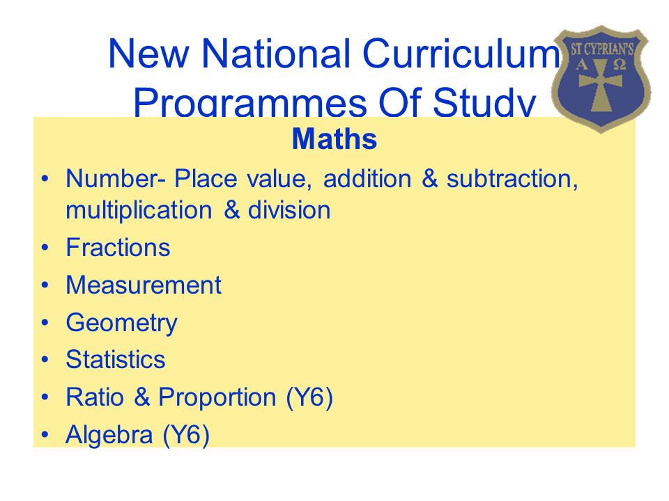 New National Curriculum Programmes Of Study Maths Number- Place value, addition & subtraction, multiplication & division Fractions Measurement Geometry Statistics Ratio & Proportion (Y6) Algebra (Y6)
