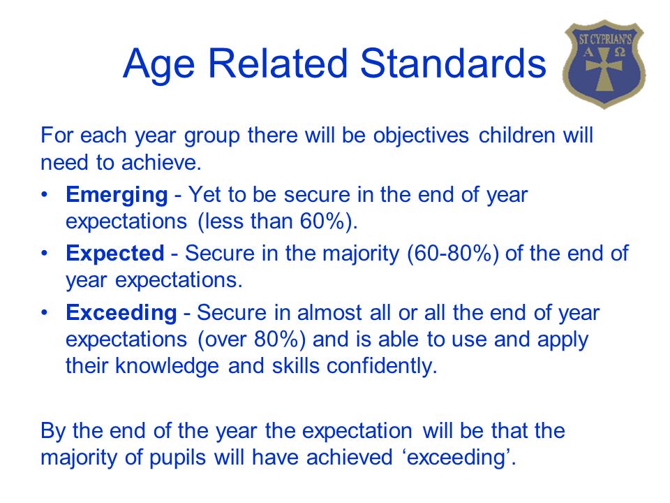 Age Related Standards For each year group there will be objectives children will need to achieve.
