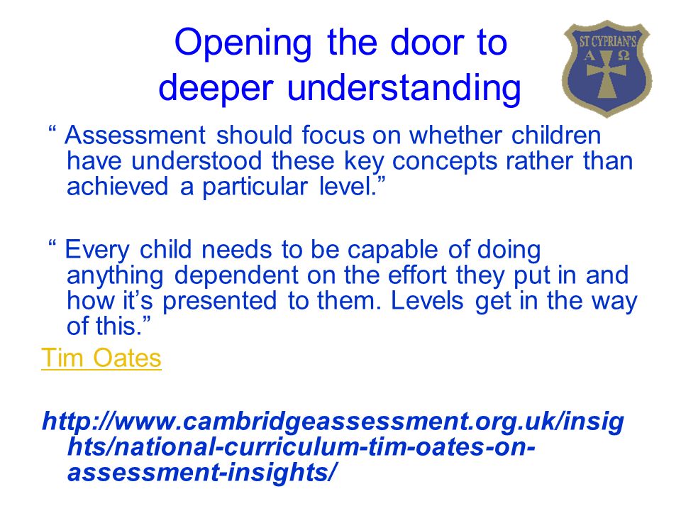 Opening the door to deeper understanding Assessment should focus on whether children have understood these key concepts rather than achieved a particular level. Every child needs to be capable of doing anything dependent on the effort they put in and how it’s presented to them.