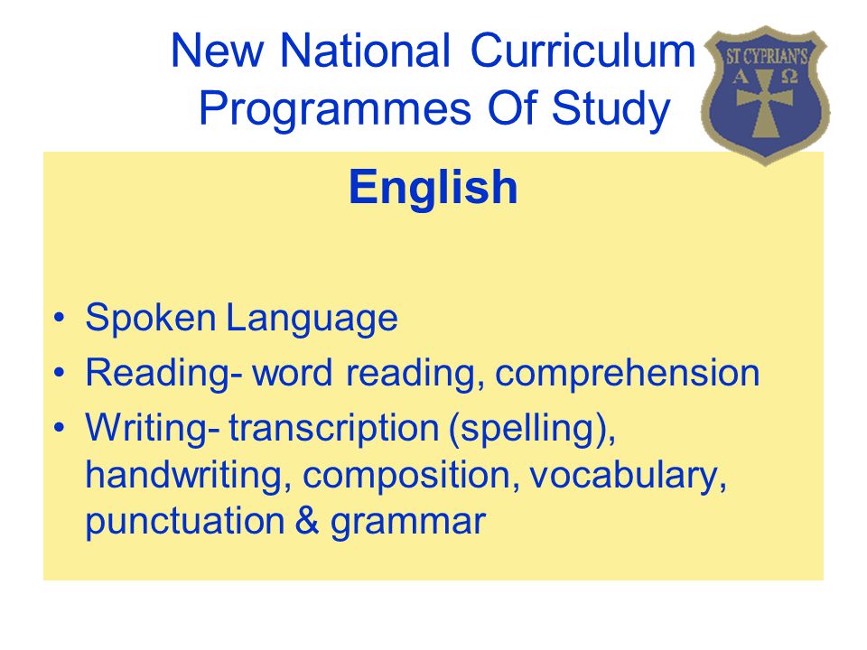 New National Curriculum Programmes Of Study English Spoken Language Reading- word reading, comprehension Writing- transcription (spelling), handwriting, composition, vocabulary, punctuation & grammar