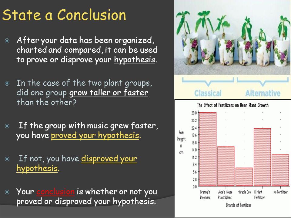 State a Conclusion  After your data has been organized, charted and compared, it can be used to prove or disprove your hypothesis.
