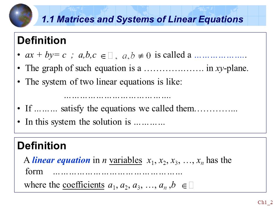 Linear Equation Definition Talkchannels Chapter 1 Linear Algebra S 2 Systems Of Equations Ppt Definition