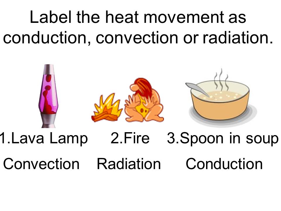 Label the heat movement as conduction, convection or radiation.
