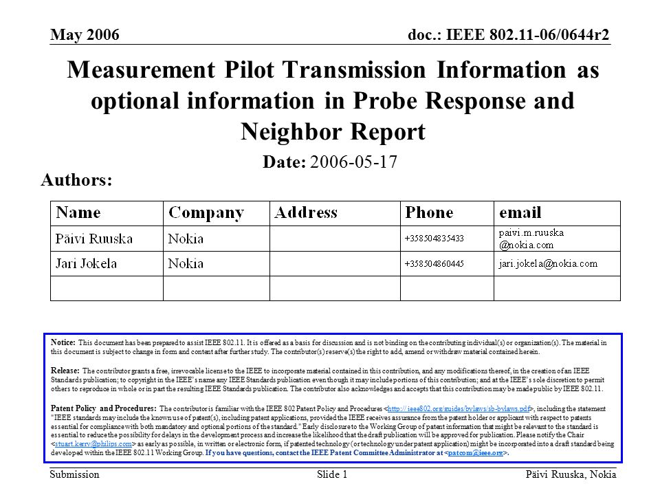 doc.: IEEE /0644r2 Submission May 2006 Päivi Ruuska, NokiaSlide 1 Measurement Pilot Transmission Information as optional information in Probe Response and Neighbor Report Notice: This document has been prepared to assist IEEE