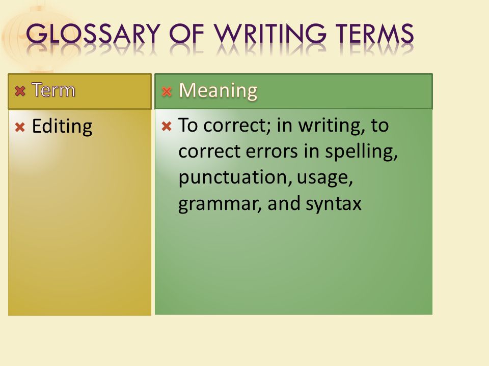  Editing  To correct; in writing, to correct errors in spelling, punctuation, usage, grammar, and syntax