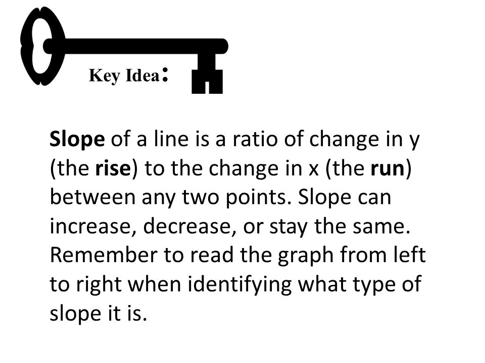 Key Idea : Slope of a line is a ratio of change in y (the rise) to the change in x (the run) between any two points.