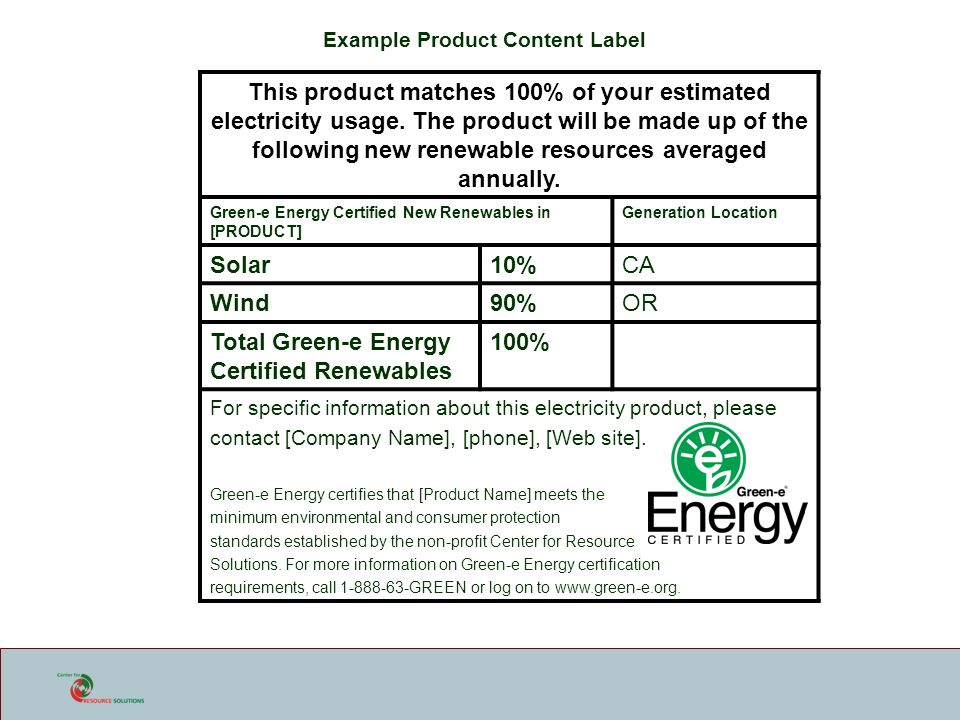 Example Product Content Label This product matches 100% of your estimated electricity usage.