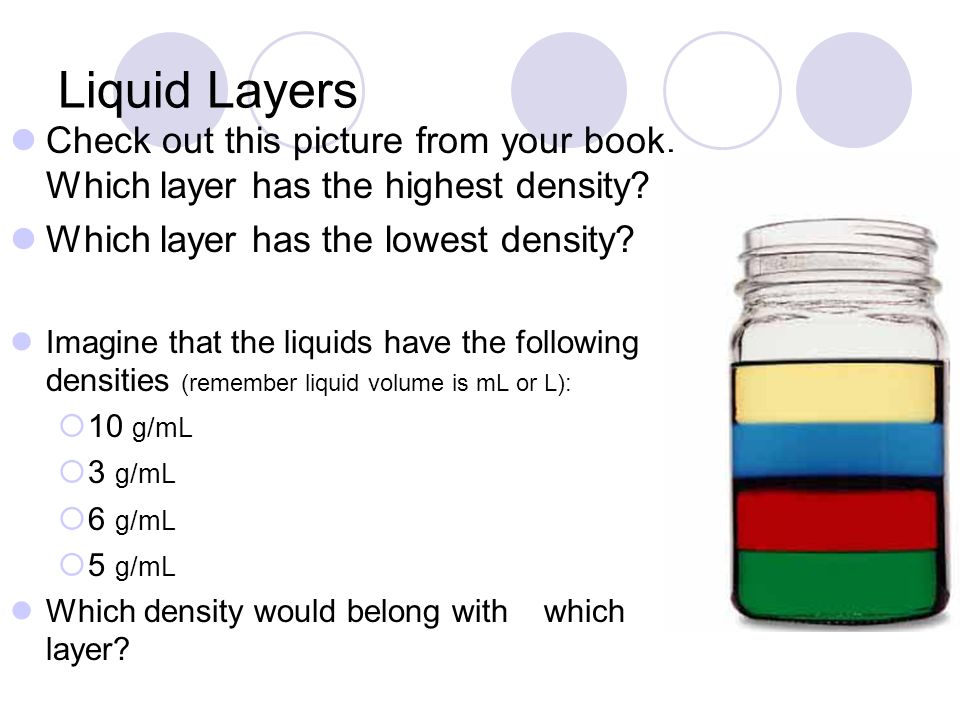 Let’s Do a Demonstration: Density Column The liquid with the lowest density (NOT very dense) will be on the top or float..