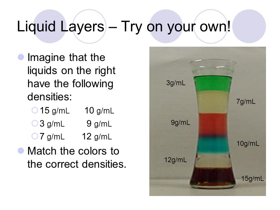 Liquid Layers – Try with your neighbor Which liquid has the highest density.