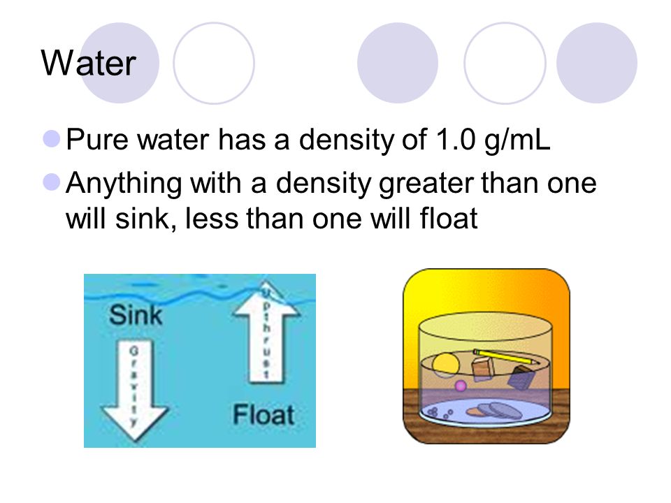Water Pure water has a density of 1.0 g/mL Anything with a density greater than one will sink, less than one will float