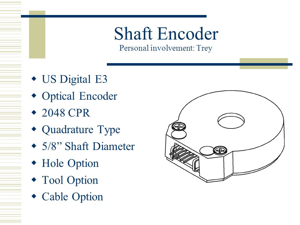 Shaft Encoder Personal involvement: Trey  US Digital E3  Optical Encoder  2048 CPR  Quadrature Type  5/8 Shaft Diameter  Hole Option  Tool Option  Cable Option