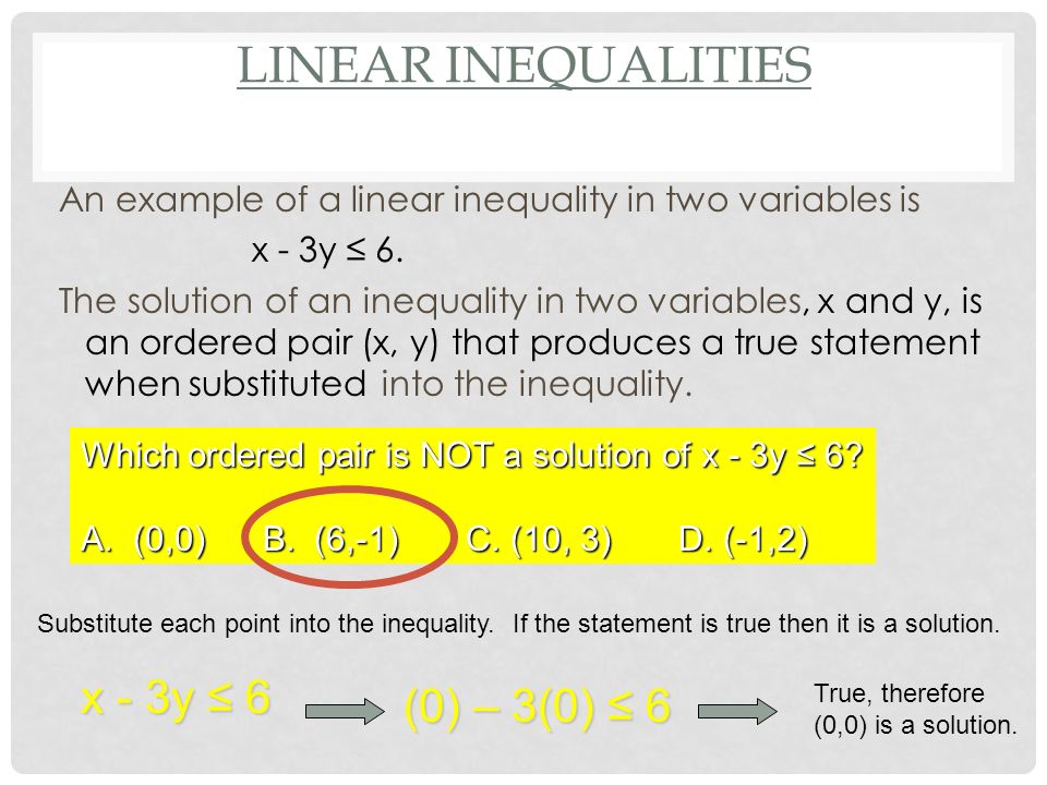 LINEAR INEQUALITIES An example of a linear inequality in two variables is x - 3y ≤ 6.