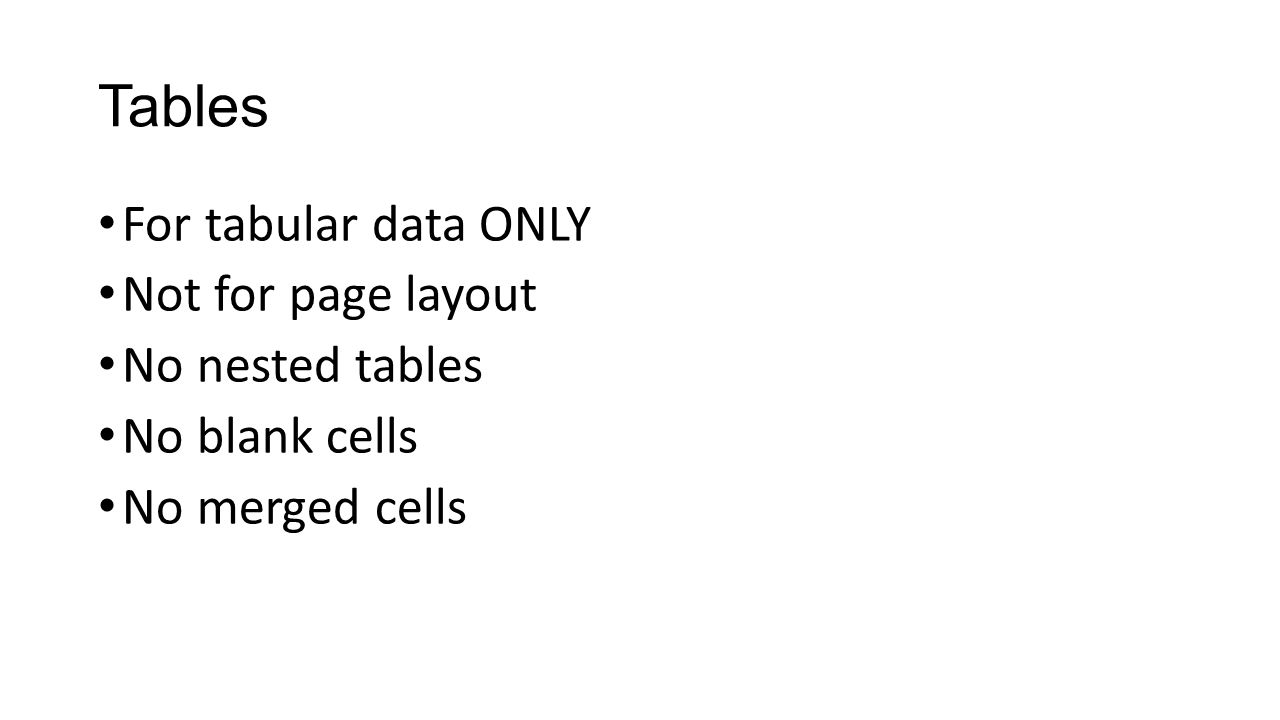 Tables For tabular data ONLY Not for page layout No nested tables No blank cells No merged cells