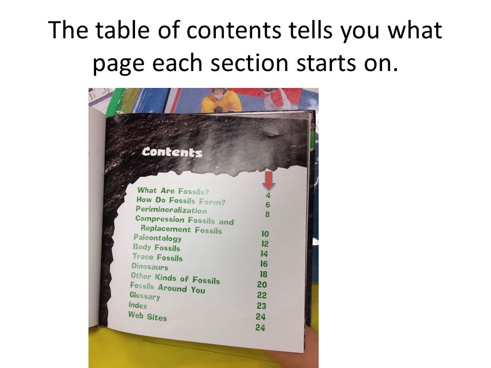 The table of contents tells you what page each section starts on.
