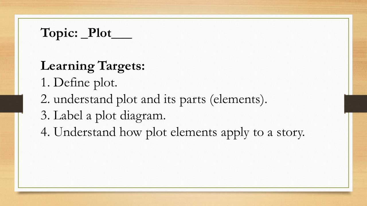 Topic: _Plot___ Learning Targets: 1. Define plot.