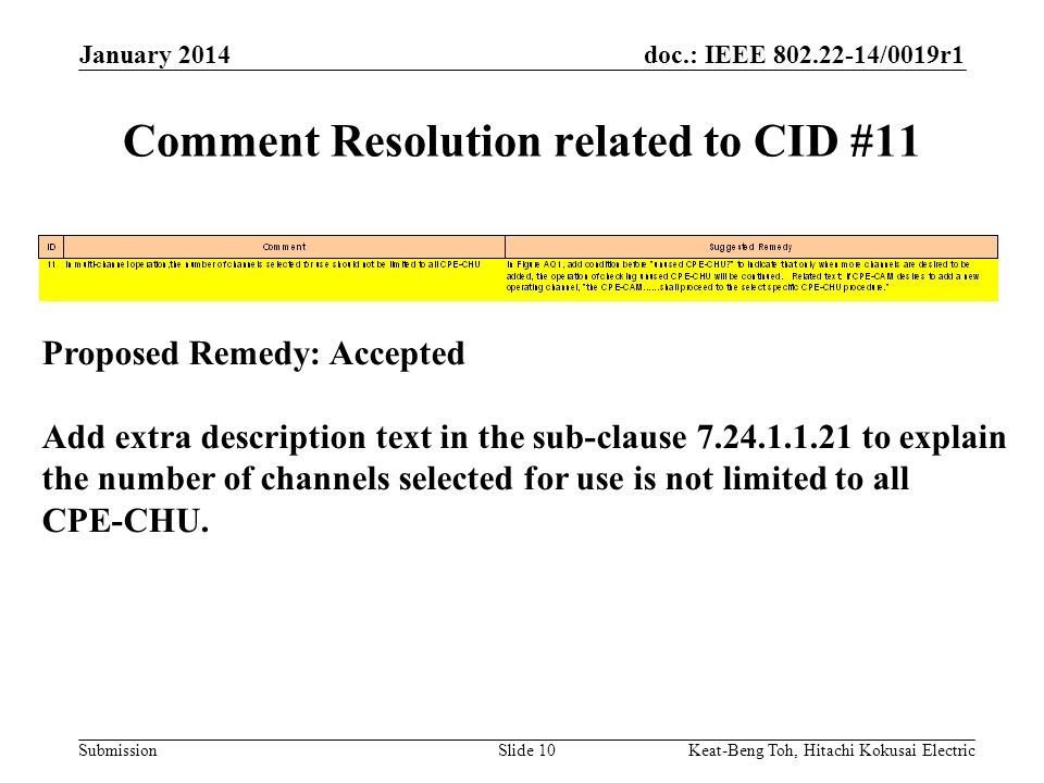 doc.: IEEE /0019r1 Submission January 2014 Keat-Beng Toh, Hitachi Kokusai ElectricSlide 10 Comment Resolution related to CID #11 Proposed Remedy: Accepted Add extra description text in the sub-clause to explain the number of channels selected for use is not limited to all CPE-CHU.
