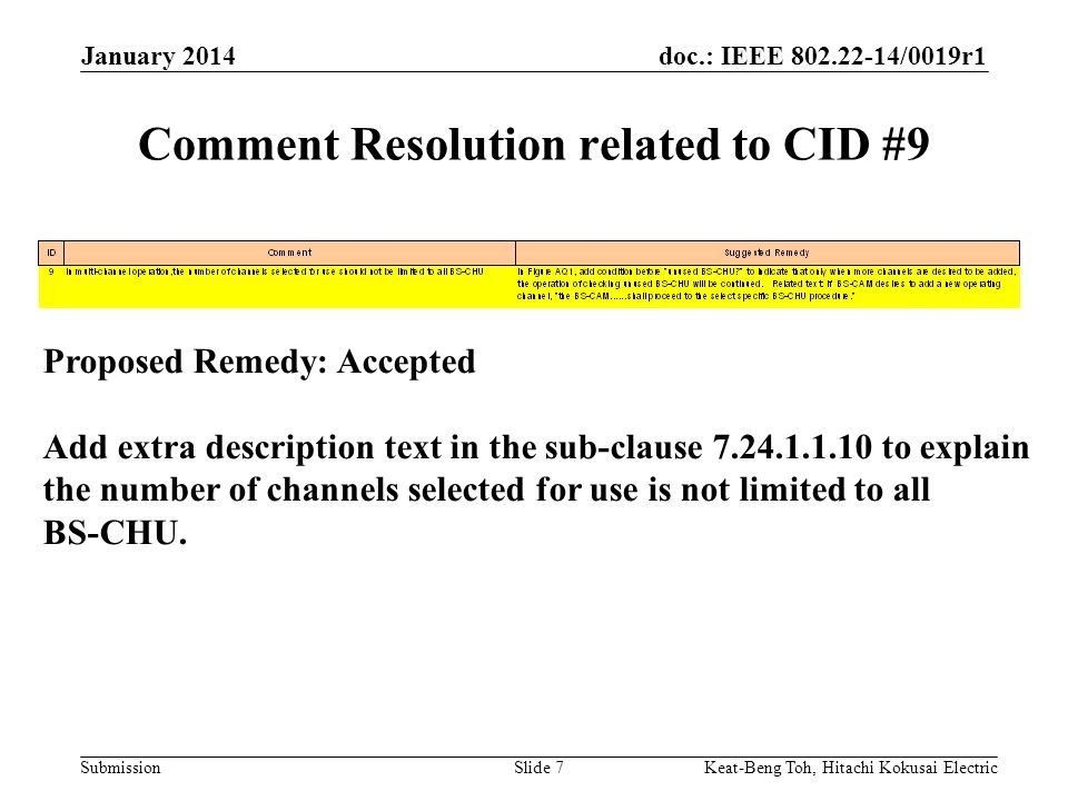 doc.: IEEE /0019r1 Submission January 2014 Keat-Beng Toh, Hitachi Kokusai ElectricSlide 7 Comment Resolution related to CID #9 Proposed Remedy: Accepted Add extra description text in the sub-clause to explain the number of channels selected for use is not limited to all BS-CHU.