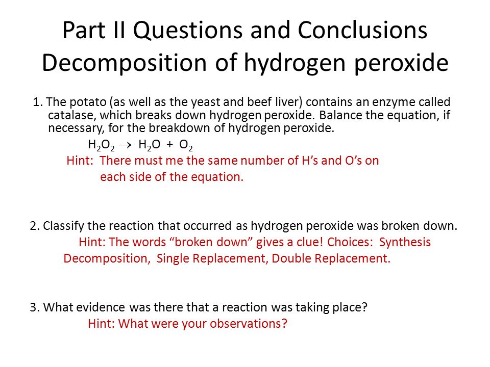 Hydrogen Peroxide Decomposition Half Equation Tessshlo Balanced Equation For The Decomposition Of Hydrogen Peroxide