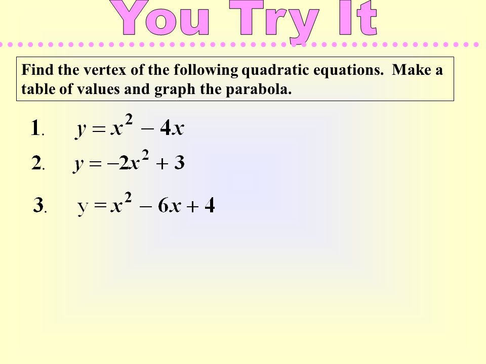 1 The Standard Form Of A Quadratic Equation Is Y Ax 2 Bx C 6 Find The Vertex Of Following Quadratic Equations