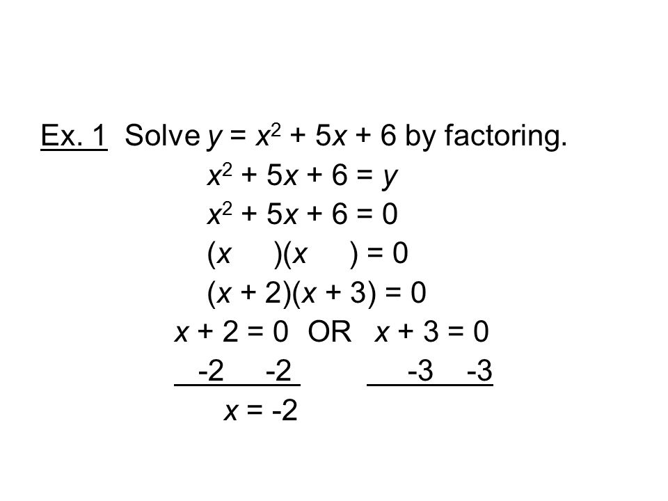Ex. 1 Solve y = x 2 + 5x + 6 by factoring.