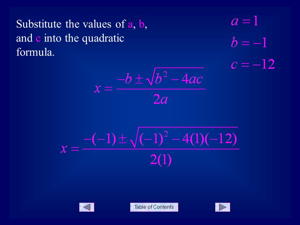 Table of Contents Substitute the values of a, b, and c into the quadratic formula.