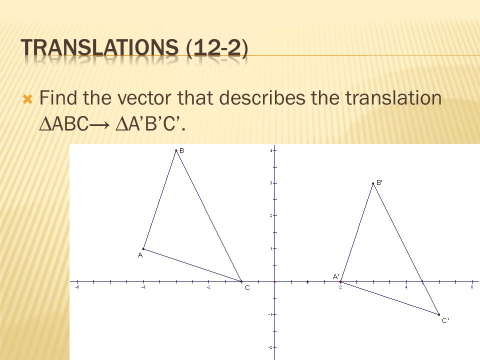  Find the vector that describes the translation ∆ABC→ ∆A’B’C’.