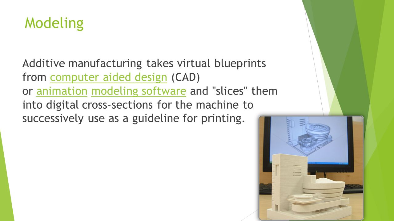 Modeling Additive manufacturing takes virtual blueprints from computer aided design (CAD) or animation modeling software and slices them into digital cross-sections for the machine to successively use as a guideline for printing.computer aided designanimationmodeling software