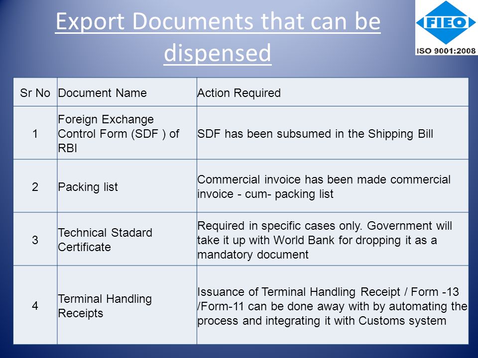 export documentation We have identified 10 common export documents you must have or must know about when exporting your goods and/or services abroad. export documentation We have identified 10 common export documents you must have or must know about when exporting your goods and/or services abroad.