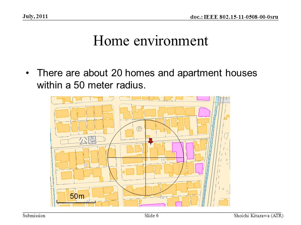 doc.: IEEE sru Submission Home environment July, 2011 Shoichi Kitazawa (ATR)Slide 6 There are about 20 homes and apartment houses within a 50 meter radius.