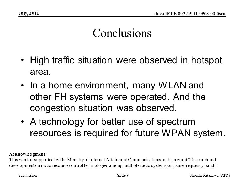 doc.: IEEE sru Submission Conclusions High traffic situation were observed in hotspot area.