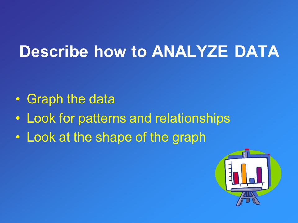 Graph the data Look for patterns and relationships Look at the shape of the graph Describe how to ANALYZE DATA